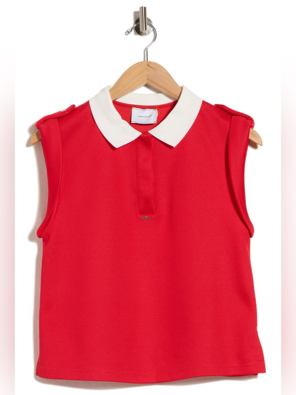 Longchamp Women’s Red Sleeveless Polo Top with Contrast White Collar – Size M
